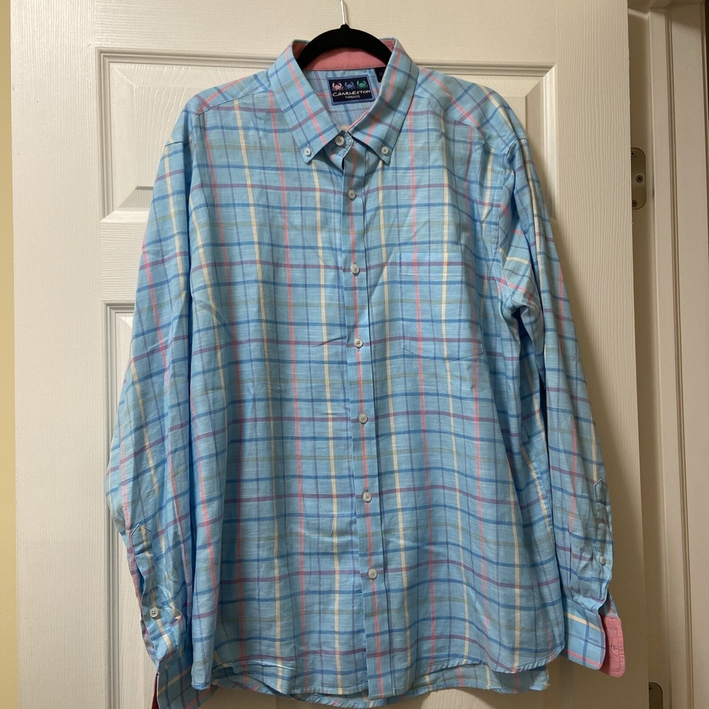 Charleston Threads Men's XL Plaid 100% Cotton Long Sleeve Button Front Shirt EUC
